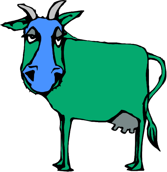 The image shows a cartoon of two cows with blue bodies standing next to each other on what appears to be grassy ground; one cow is facing forward while the other has its back turned towards us.