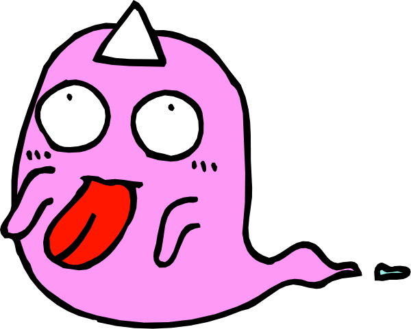 The image shows a cartoon ghost with an exaggeratedly large mouth open wide as if screaming or yelling, set against a black background that contrasts sharply with its pink coloring.