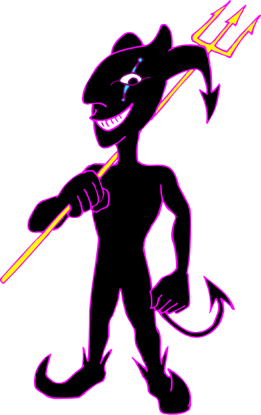 The image shows a cartoon of an anthropomorphic cat holding a trident with its left paw while standing upright on two legs in front of what appears to be a dark background.