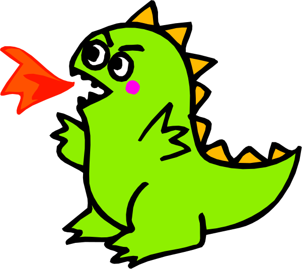 The image shows a cartoon dinosaur with an exaggerated expression of surprise or shock, standing on two legs against a black background; it has large eyes, sharp teeth, spikes along its back, and is holding what appears to be fire in one hand while blowing out another flame from the other.