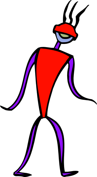 The image shows a cartoon of an animated character with purple hair standing next to a black door frame against a gray background.