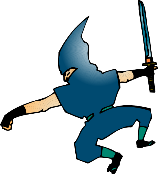 The image shows a cartoon of an animated ninja character with blue clothing holding two swords crossed over his chest while standing on one leg against a black background.