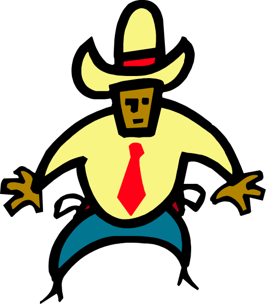 The image shows a cartoon character that resembles an anthropomorphic cowboy with exaggerated features such as large eyes and ears, wearing a red tie and blue pants, standing on one leg in front of what appears to be a black background.