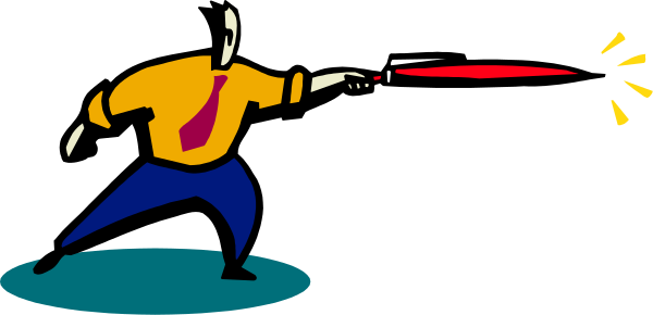 The image shows a cartoon of two characters: on the left side there is an animated character with blue hair who appears to be in motion as if running; this figure has yellow clothing and holds what looks like a sword, which emits light rays from its blade that seem to hit or interact with something. On the right side, another cartoon depicts a person standing upright holding up their hands defensively against an unseen force, possibly reacting to the bright beams coming out of the first character's weapon; this figure is wearing yellow clothing and has brown hair. The background