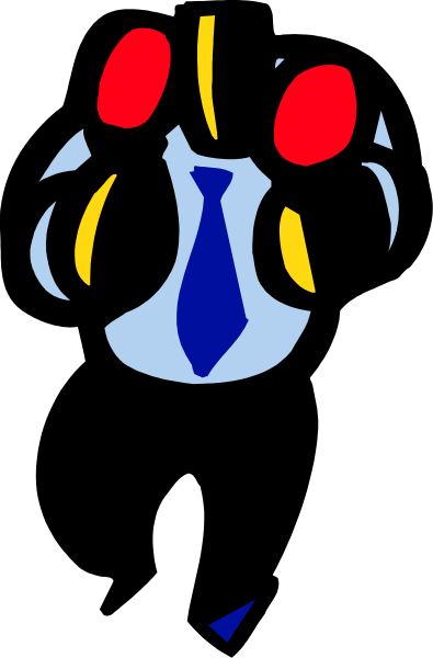 The image shows a cartoon of an animated character with red eyes wearing glasses inside what appears to be a black suit jacket against a gray background.