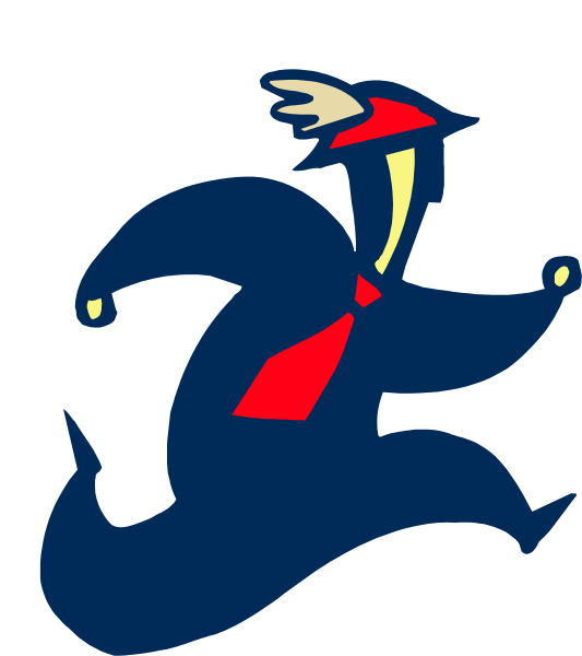 The image shows a cartoon of an anthropomorphic character resembling a dog with human characteristics running towards something on its right side while wearing a suit jacket and tie.