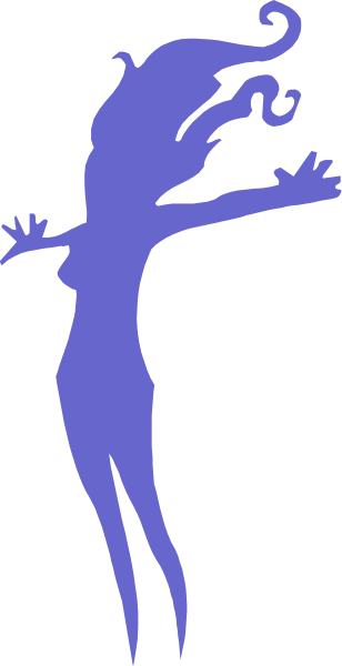 The image shows a blue silhouette of an animated character dancing against two vertical stripes with different shades of gray on either side.