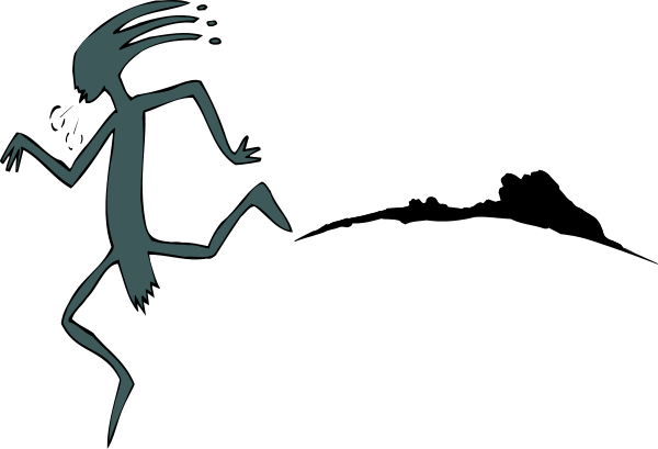 The image shows a black silhouette of an alien running on its two legs with outstretched arms to either side in front of it against a dark background.