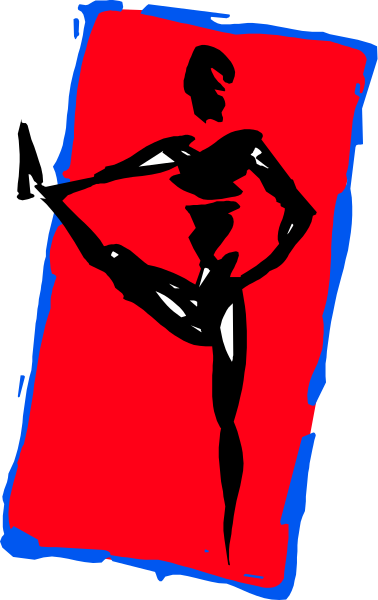 The image shows a red silhouette of an acrobat on top of what appears to be a black background with white borders at each corner.