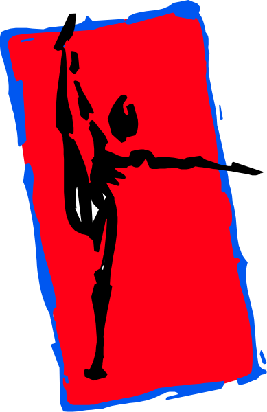 The image shows a red sign with an illustration of a person doing gymnastics on it against a gray background.