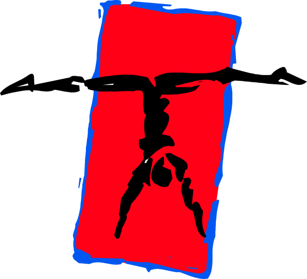 The image shows a red silhouette of an upside down person on what appears to be a black background with white borders around it.