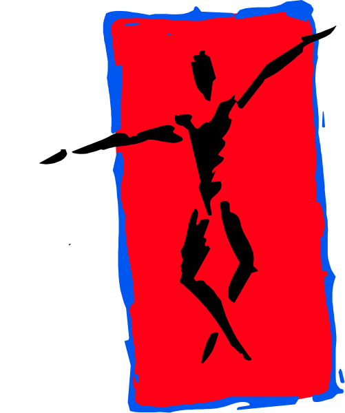 The image shows a red silhouette of an abstract figure on top of what appears to be a blue background with some white speckles at the bottom right corner.