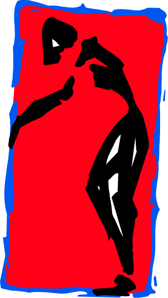 The image shows a red silhouette of an athlete on a white background with blue borders around it.