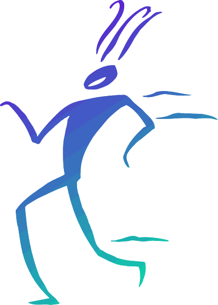 The image shows a stylized cartoon of an animated figure running with its arms outstretched against a dark background.