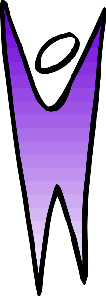 The image shows a purple abstract figure with two arms on either side of its body against a gray background.