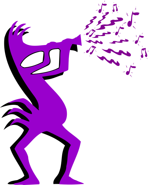 The image shows a purple cartoon character with exaggerated features playing an instrument that is emitting musical notes from its mouthpiece into space.