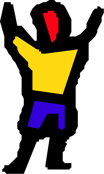 The image shows a pixelated figure of an animated person standing with their arms outstretched against a dark background.