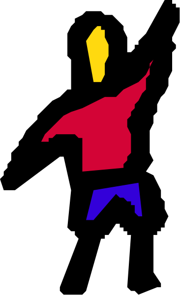 The image shows a pixelated representation of an abstract figure with red, blue, yellow, green, white, black elements against a dark background; it appears to be stylized in a retro video game aesthetic.