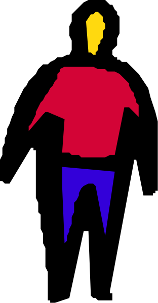 The image shows a pixelated figure of an adult male walking on a sidewalk with his back to us; he is wearing blue jeans and has short hair.
