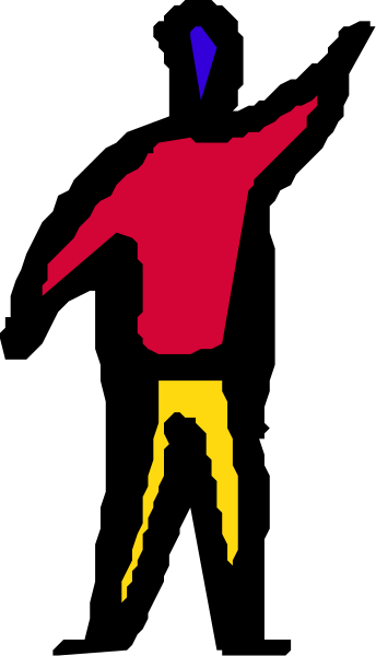 The image shows a pixelated figure of an individual with red hair standing on what appears to be stilts against a black background; there is no text present in this small clip-art image.
