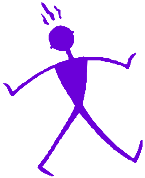 The image shows a simple line drawing of an animated figure with purple hair running on what appears to be a gray background.