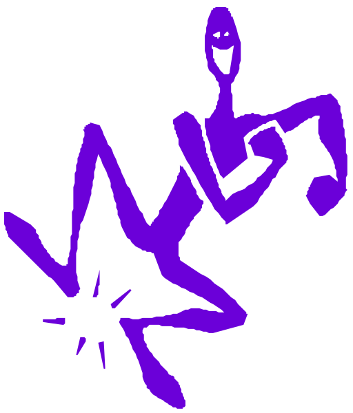 The image shows a purple graphic with two stylized figures that resemble stick figure characters; there is no text present in this clip-art illustration.