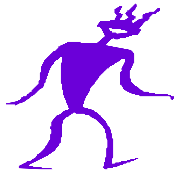 The image shows a stylized purple figure that appears to be walking with its arms outstretched against an indistinct background; it is likely meant as clip-art for various uses due to its simple, cartoonish design and lack of specific details or context beyond being humanoid in shape.
