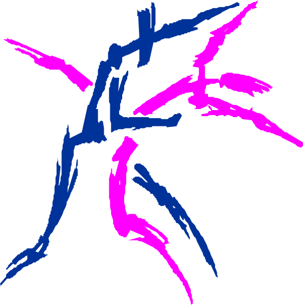 The image shows a sequence of two pictures with similar content: both depict an abstract design resembling stylized human figures in blue against pink backgrounds; however, one picture has more intricate details than the other and appears to be rotated 90 degrees counterclockwise compared to its companion. There are no texts or additional elements present within these images that provide further context about setting or action taking place. The style of art is reminiscent of a digital glitch effect, with jagged lines creating an illusionary sense of movement and distortion around the figures' outlines