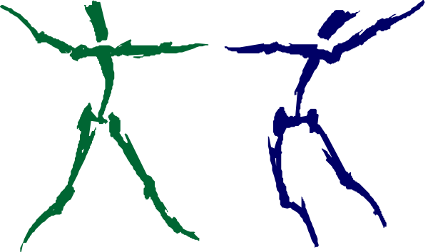 The image shows two stick figure representations of a person dancing with their arms outstretched against different colored backgrounds: blue on top and green below.