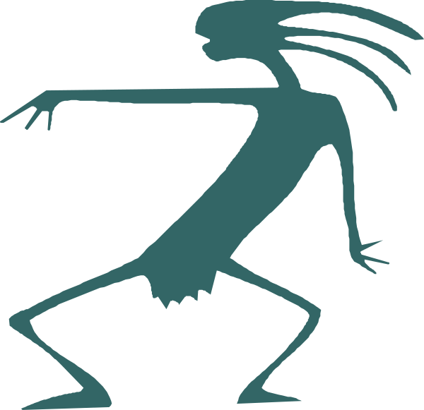 The image shows a stylized silhouette of an alien figure with two arms raised above its head against a black background.