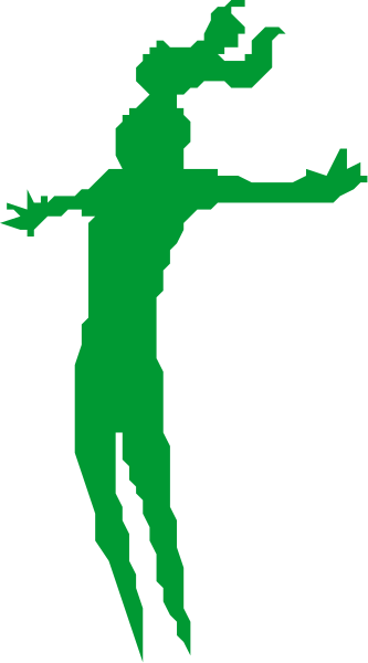 The image shows a pixelated figure of an animated character standing on its toes with arms outstretched against a dark background.