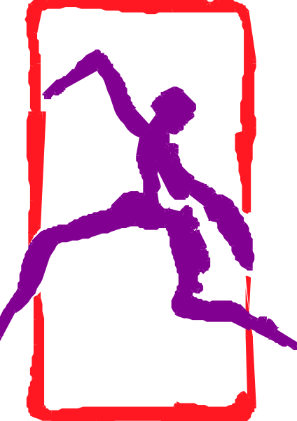 The image shows a purple silhouette of an athlete jumping over what appears to be red hurdles within a black rectangle frame on a gray background.