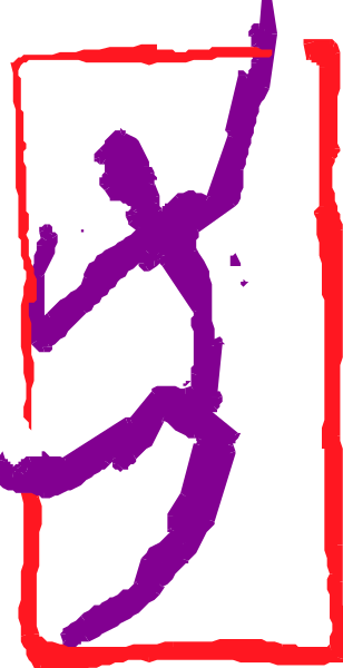 The image shows a purple stick figure on top of an orange rectangle with red lines around it against a gray background.