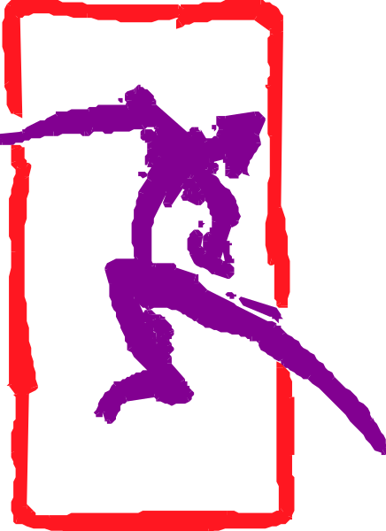 The image shows a purple silhouette of an animated character with wings on its back inside what appears to be a red square frame against a gray background.