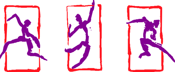 The image shows a sequence of five silhouettes against a red background that represent different poses from left to right: standing straight up, bending forward slightly at waist level with arms outstretched in front, leaning back and looking downward while holding onto something above head height, reaching upward toward the sky or ceiling with one hand extended high overhead, then jumping into an open space.