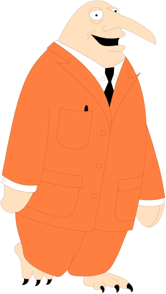 The image shows a cartoon character dressed as an orange suit with white gloves standing next to another figure that appears to be in formal attire; both characters seem to have exaggerated facial features typical of animated styles, and there is no text present within this small clip-art frame.