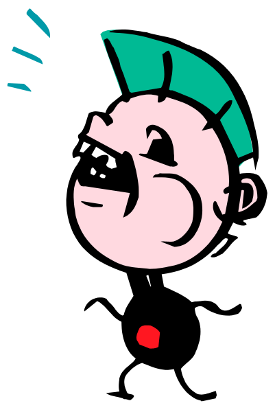 The image shows a cartoon character with exaggerated facial features such as large eyes and an open mouth revealing teeth; it appears to be in black-and-white coloration against a dark background.