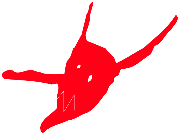The image shows a red silhouette of an animal with its mouth open against a black background.