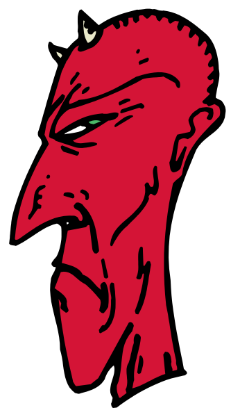 The image shows a black and white illustration of an evil face with red hair on either side, set against a gray background that has stripes in shades of darker to lighter grey from left to right.