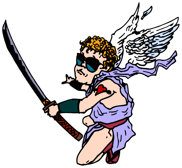The illustration shows a cartoon angel with wings holding an object that resembles a sword while standing on what appears to be a cloud-like surface against a dark background.