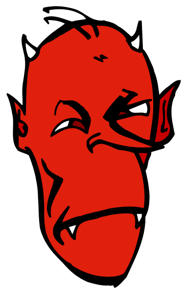The image shows a red devil face with horns on top of its head against a black background.