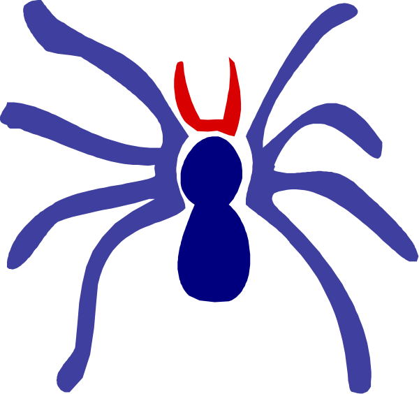 The image shows a cartoon spider with eight legs against a black background; it has red eyes on its body and an orange spot above one of them that resembles a smiley face.