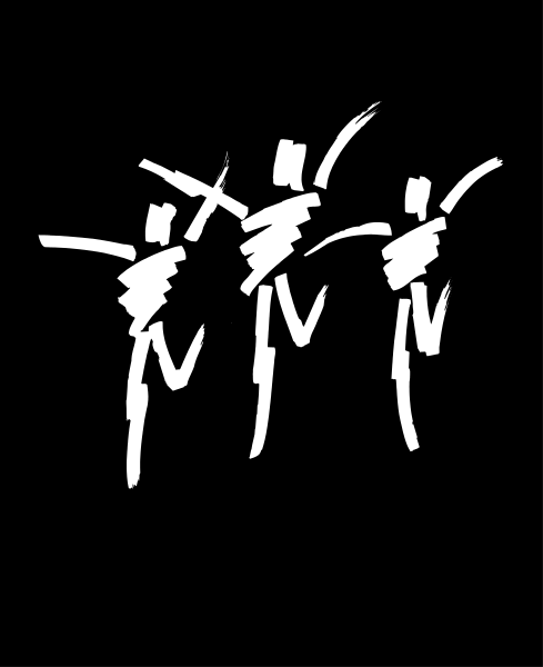 The black and white silhouette of three dancers performing a dance move with their arms raised high above them against an unseen background.