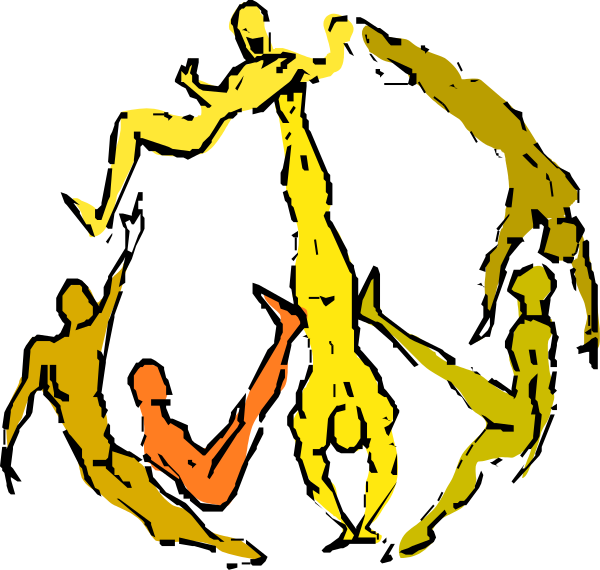 The black and white illustration shows a group of stick figures performing various acrobatic poses around what appears to be an infinity symbol at its center.