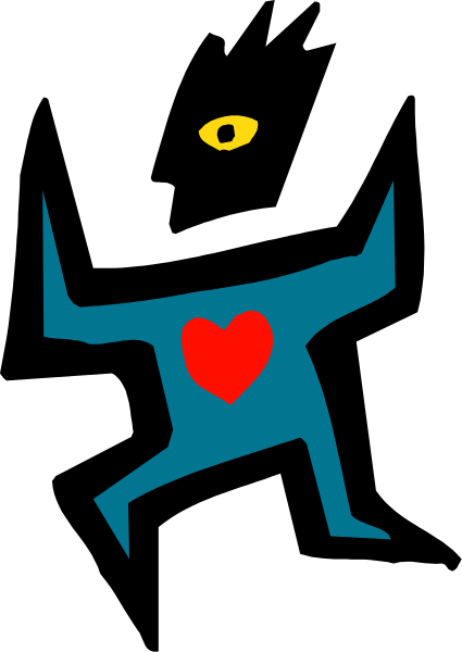 The image shows a stylized cartoon character with an exaggeratedly large heart for its head standing on two legs against a dark background; it is holding what appears to be a small object in one hand, and there's another smaller figure that looks like a person or animal behind the main character.