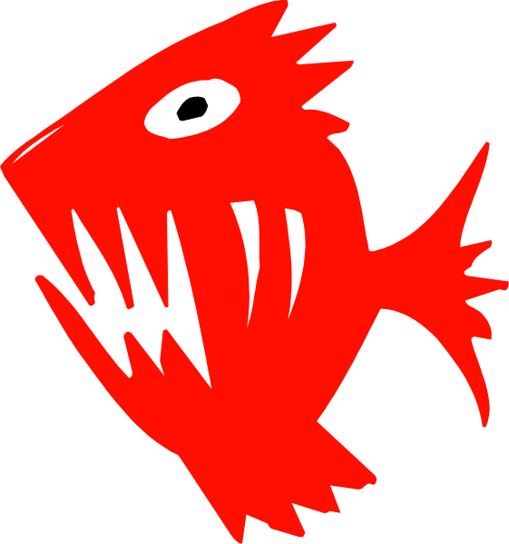The image shows a red fish with an open mouth against two different backgrounds: black on top and white below.