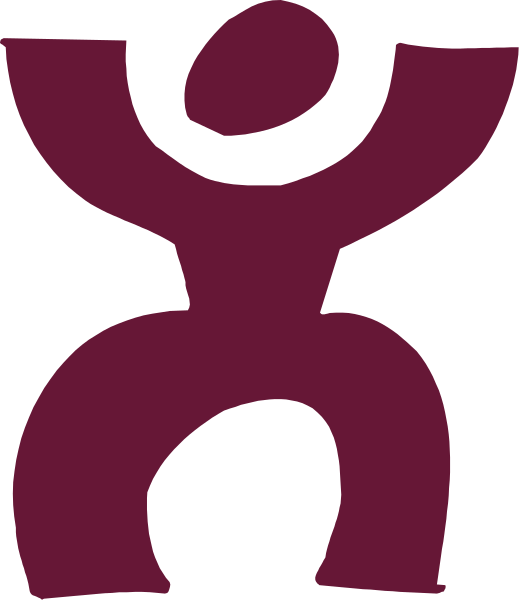 The logo features a stylized human figure with arms raised above its head against an abstract background that includes geometric shapes like circles and rectangles in shades of purple and white.