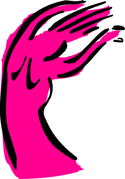 The pink silhouette of a person's head with an outstretched hand against a black background.