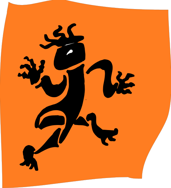 The image shows a stylized orange flag with an animated character resembling a frog on it; this is clip-art in nature.