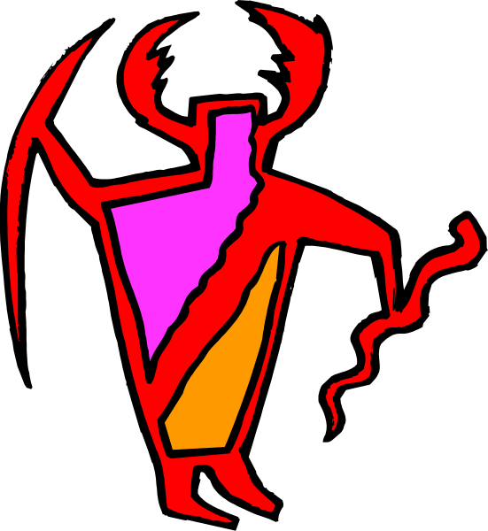 The image shows a stylized graphic of an abstract figure with red hair that appears to be holding two items: what looks like a bottle on one hand and possibly another object in its other hand; it is set against a dark background, which contrasts sharply with the colorful elements within the design.